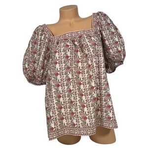 Max Studio Womens Size XL Floral Stripe Square Neck Puff Sleeve Blouse Cream Red